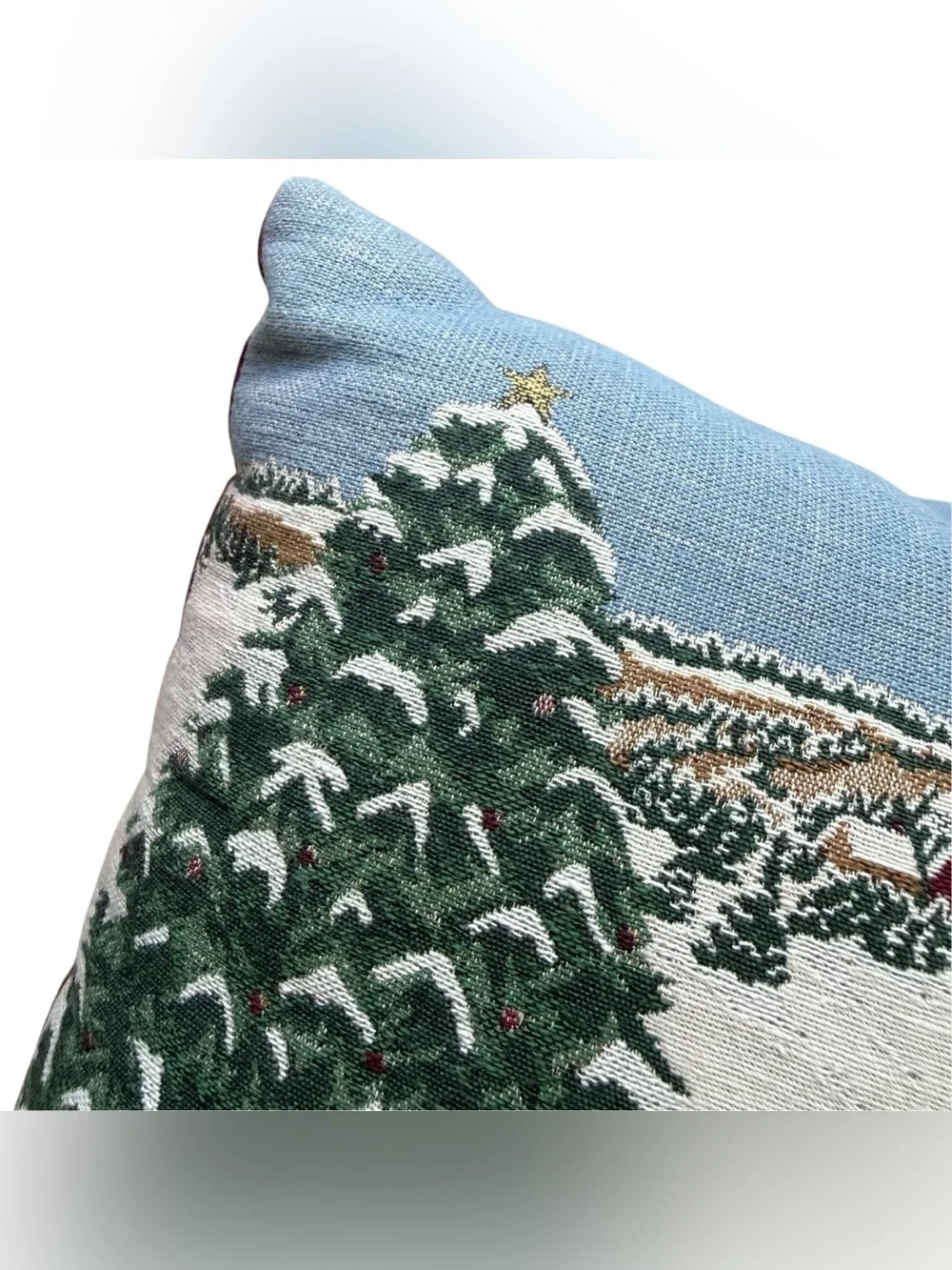 Vintage Christmas Tapestry Pillow Horse Sleigh Covered Bridge Winter Farm 15x15